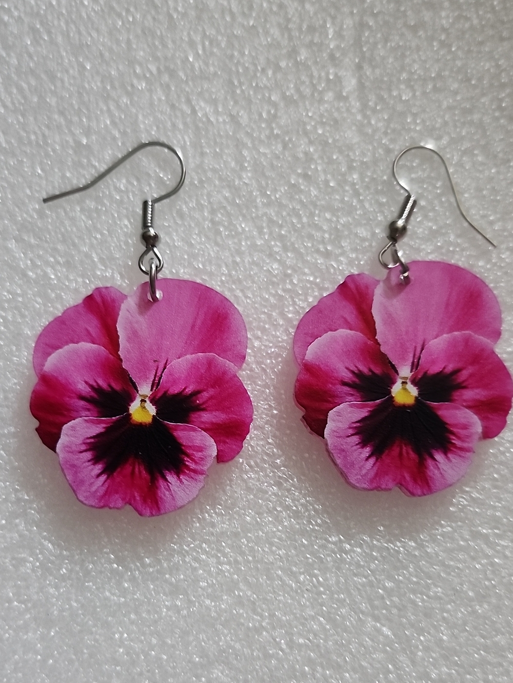 Hand Crafted Pink Pansy Dangle Earrings with Yellow Center